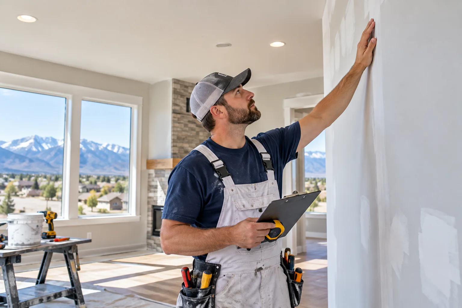 Drywall professional inspecting and finishing a residential wall