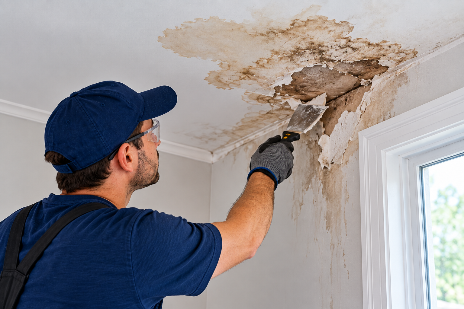 Water-damaged ceiling drywall being repaired